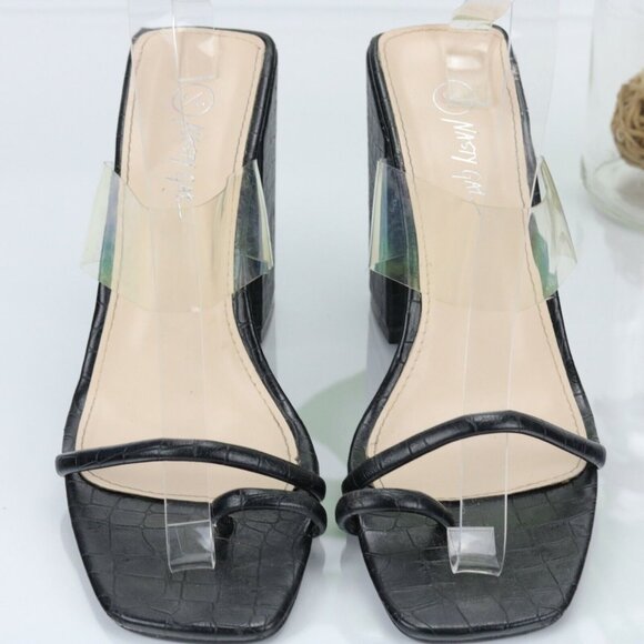 Nasty Gal Womens Sandal Size 6 Black Clear Strappy Mule Square Toe Block Heel - Picture 3 of 12